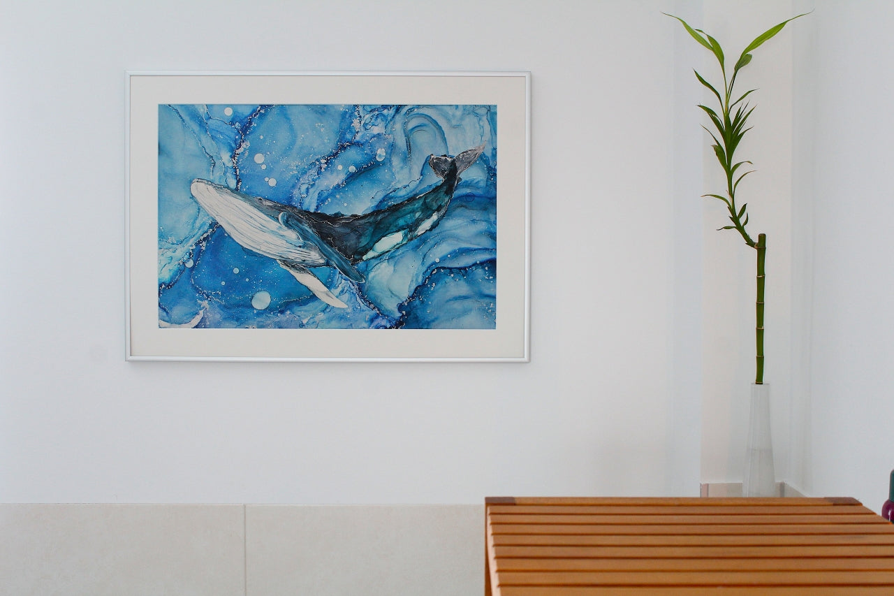 Wal | Kunstwerk aus Alkoholtinte und Silberhighlights | Kunstdruck in verschiedenen Größen