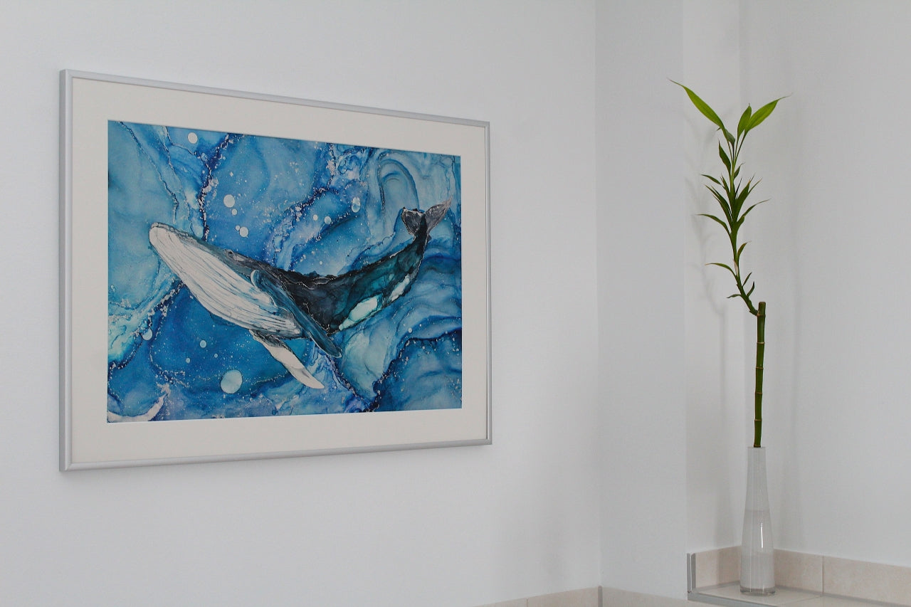 Wal | Kunstwerk aus Alkoholtinte und Silberhighlights | Kunstdruck in verschiedenen Größen