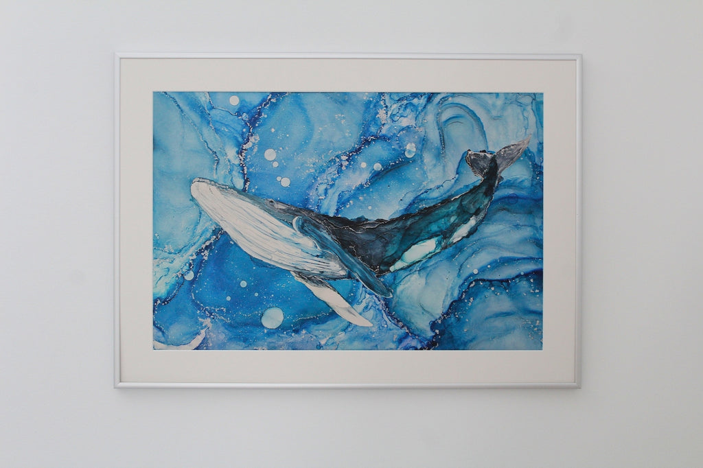 Wal | Kunstwerk aus Alkoholtinte und Silberhighlights | Kunstdruck in verschiedenen Größen