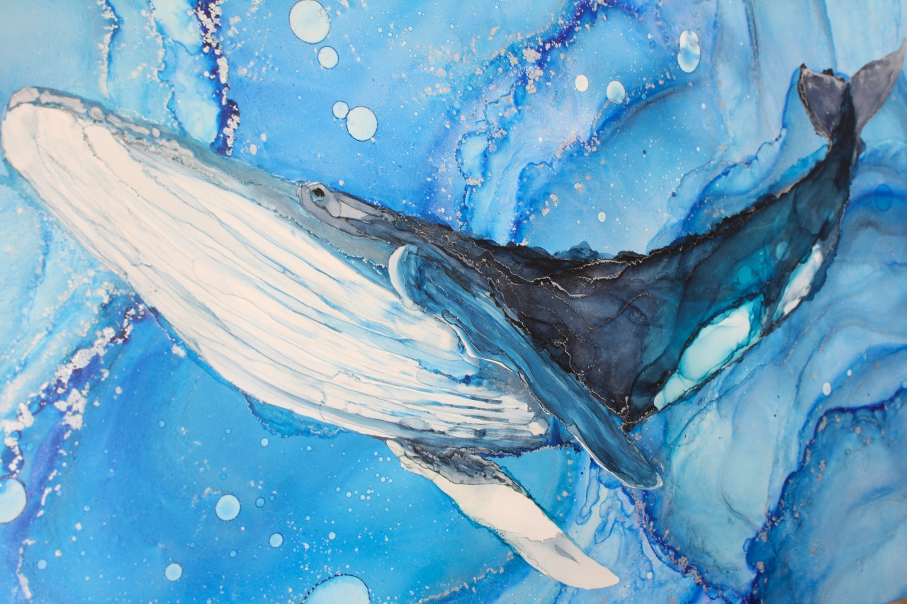 Wal | Kunstwerk aus Alkoholtinte und Silberhighlights | Kunstdruck in verschiedenen Größen